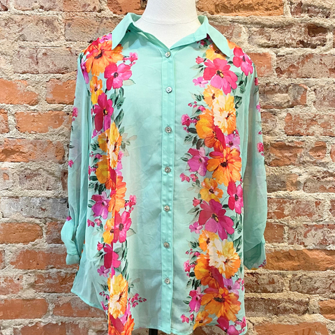 FIG & FLOWER Sheer Turquoise Floral Top