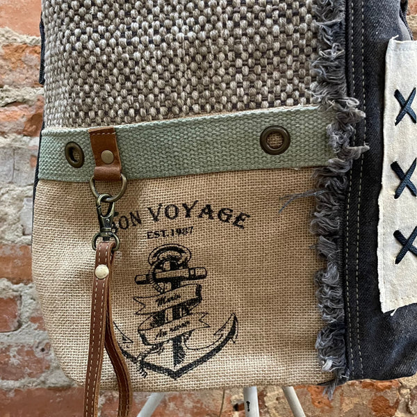 MYRA MID-SIZE CROSSBODY GRAY CANVAS STRIP ON RIGHT WITH 3 LG X'S IN BLACK