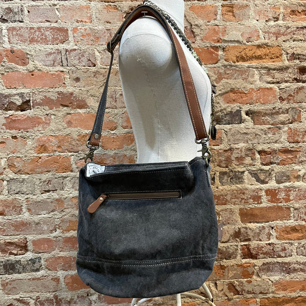 MYRA MID-SIZE CROSSBODY GRAY CANVAS STRIP ON RIGHT WITH 3 LG X'S IN BLACK