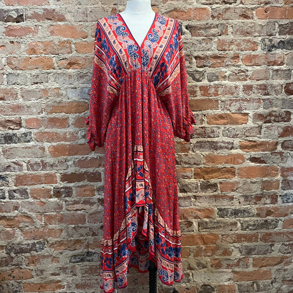 UMGEE RED DRESS V NECK WITH PRINT ON SLEEVES AND AT THE BOTTOM