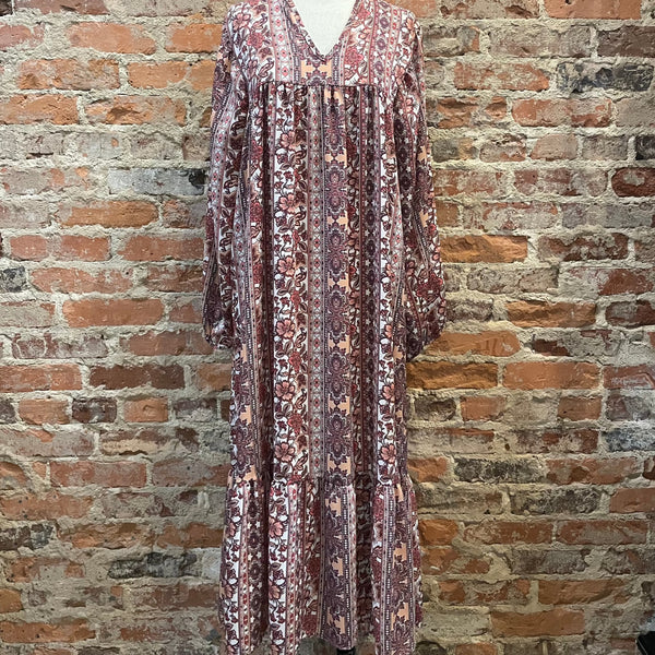 PIXI & IVY FLORAL DRESS LONG SLEEVE IN WHITE RUST AND TAN PRINT
