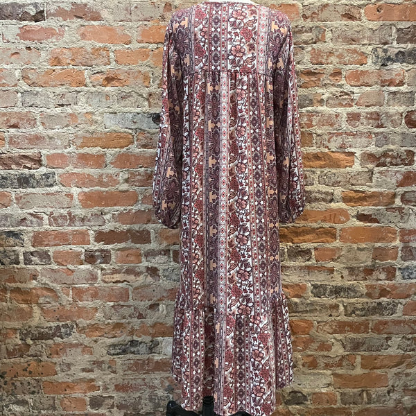 PIXI & IVY FLORAL DRESS LONG SLEEVE IN WHITE RUST AND TAN PRINT