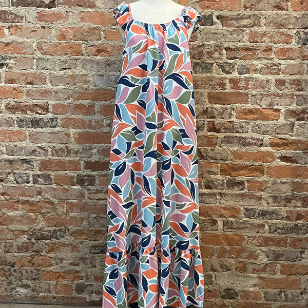 CAROLE CHRISTAN WHITE LONG SLEEVELESS DRESS  WITH RUFFLE AT SHOULDER BLUE ORANGE AND PINK PRINTS