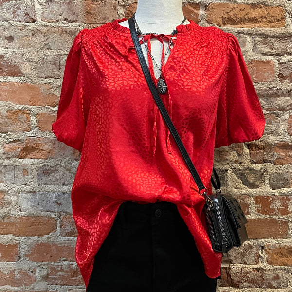 UMGEE RED SATIN SHORT SLEEVE SHIRT WITH PRINT IN SAME COLOR