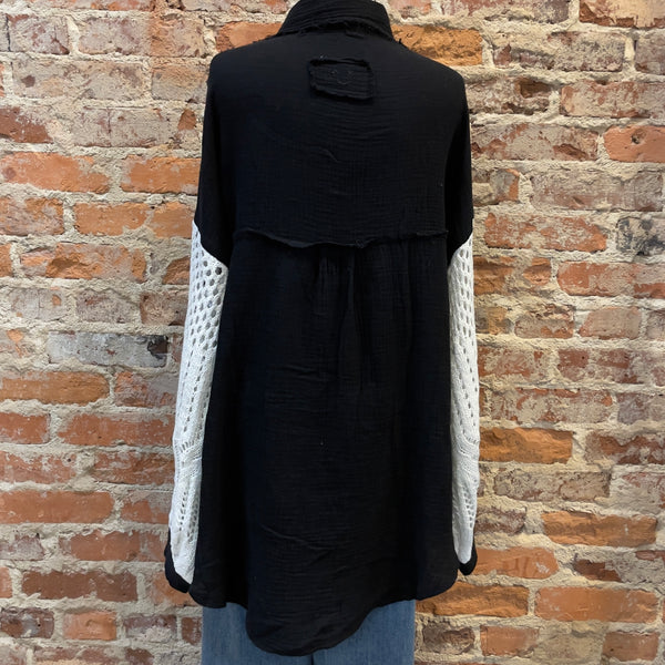 POL Crochet Sleeve Shacket - Black