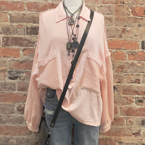 POL Waffle Knit Sleeve Top - Pink