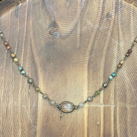 NECKLACE SMALL BEADED IN BEIGE AND GREENS SMOKEY PENDANT