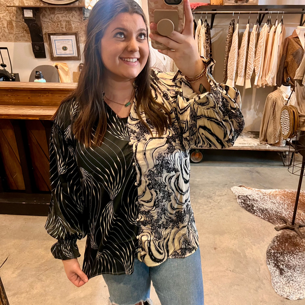 E RETRO BLOUSE IN BLACK AND BEIGE