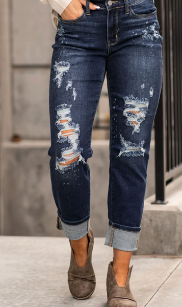 JB Dark Mid Rise Boyfriend FIT Jeans With Holes