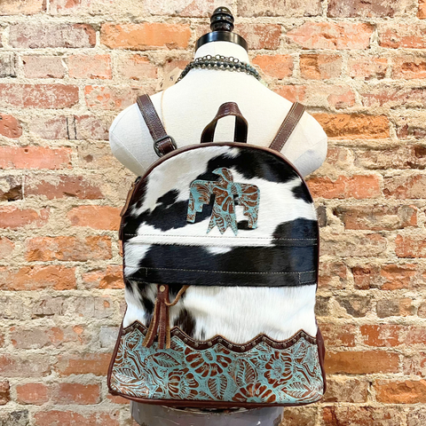 MYRA BACKPACK WITH BLACK & WHITE COWHIDE AND TURQUOISE AND BROWN